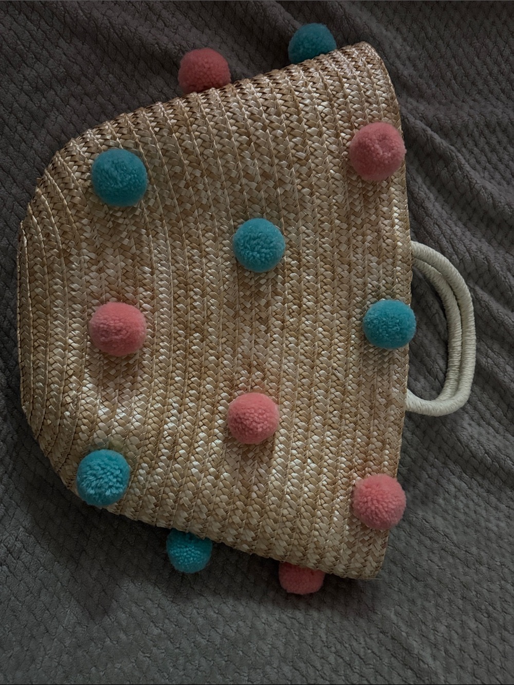 Kids Straw Pom Pom Tote Bag - Pink & Teal